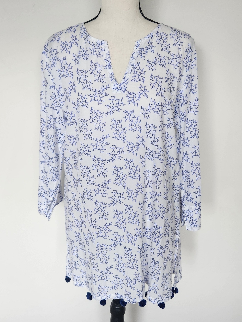 Boo Gemes Uni Blue Coral Pullover Tunic Top Beach Swim Cover-up Cotton Pompoms S